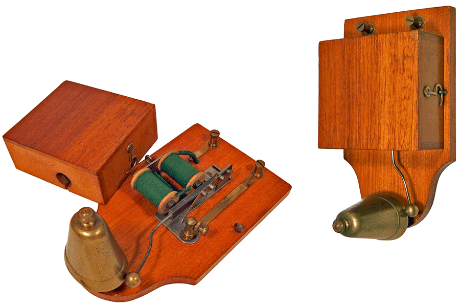 ancienne sonnette de porte électrique a cloche en bois